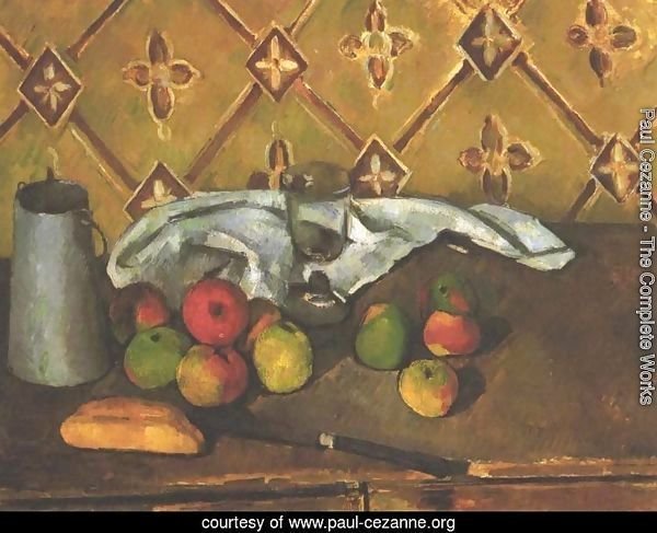 Still life with apples, servettes and a milkcan