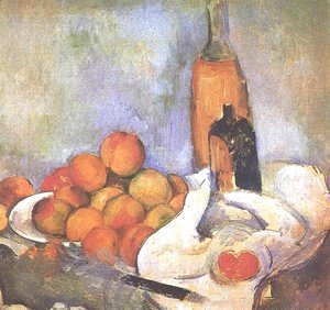 Still life with bottles and apples