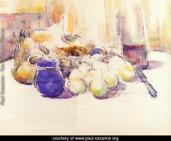 Blue Pot And Bottle Of Wine Aka Still Life With Pears And Apples  Covered Blue Jar  And A Bottle Of Wine