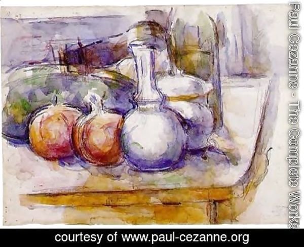 Paul Cezanne - Still Life With Carafe  Sugar Bowl  Bottle  Pommegranates And Watermelon