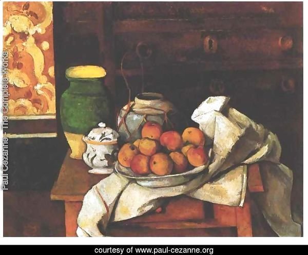 Vessels  Fruit And Cloth In Front Of A Chest