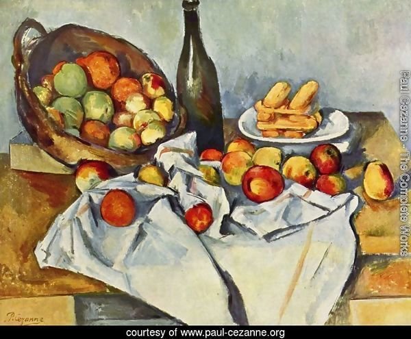 Still life with bottle and apple basket