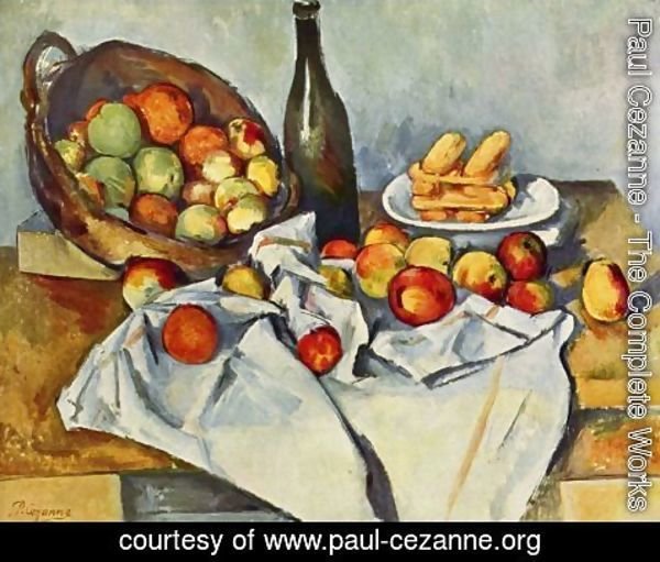 Paul Cezanne - Still life with bottle and apple basket