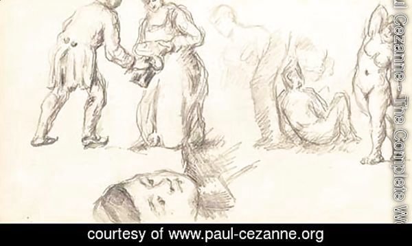 Trois etudes Tete de Paul Cezanne fils, Rencontre d'une femme et d'un homme et Trois baigneuses