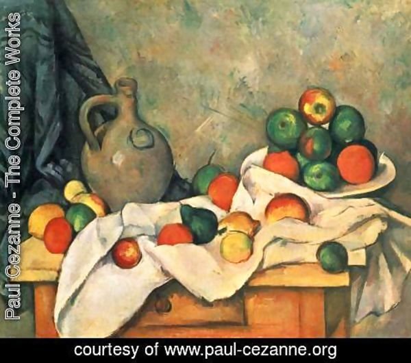 Paul Cezanne - Still life, drapery, jug and fruits