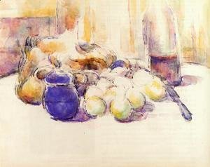 Paul Cezanne - Blue Pot And Bottle Of Wine Aka Still Life With Pears And Apples  Covered Blue Jar  And A Bottle Of Wine