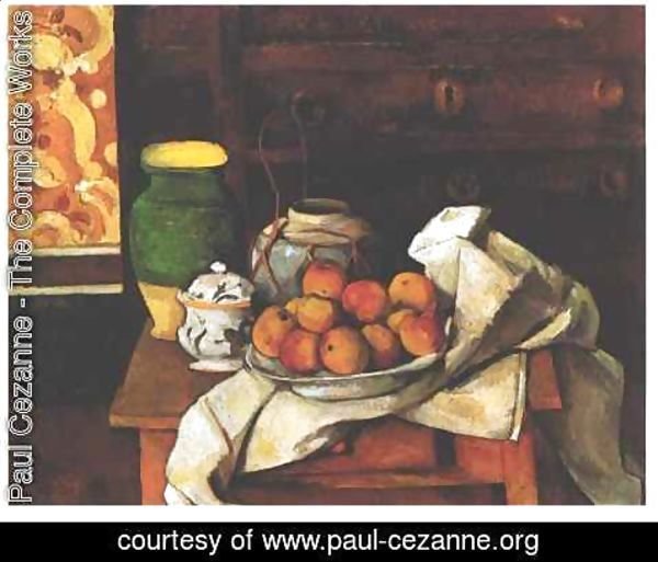 Paul Cezanne - Vessels  Fruit And Cloth In Front Of A Chest